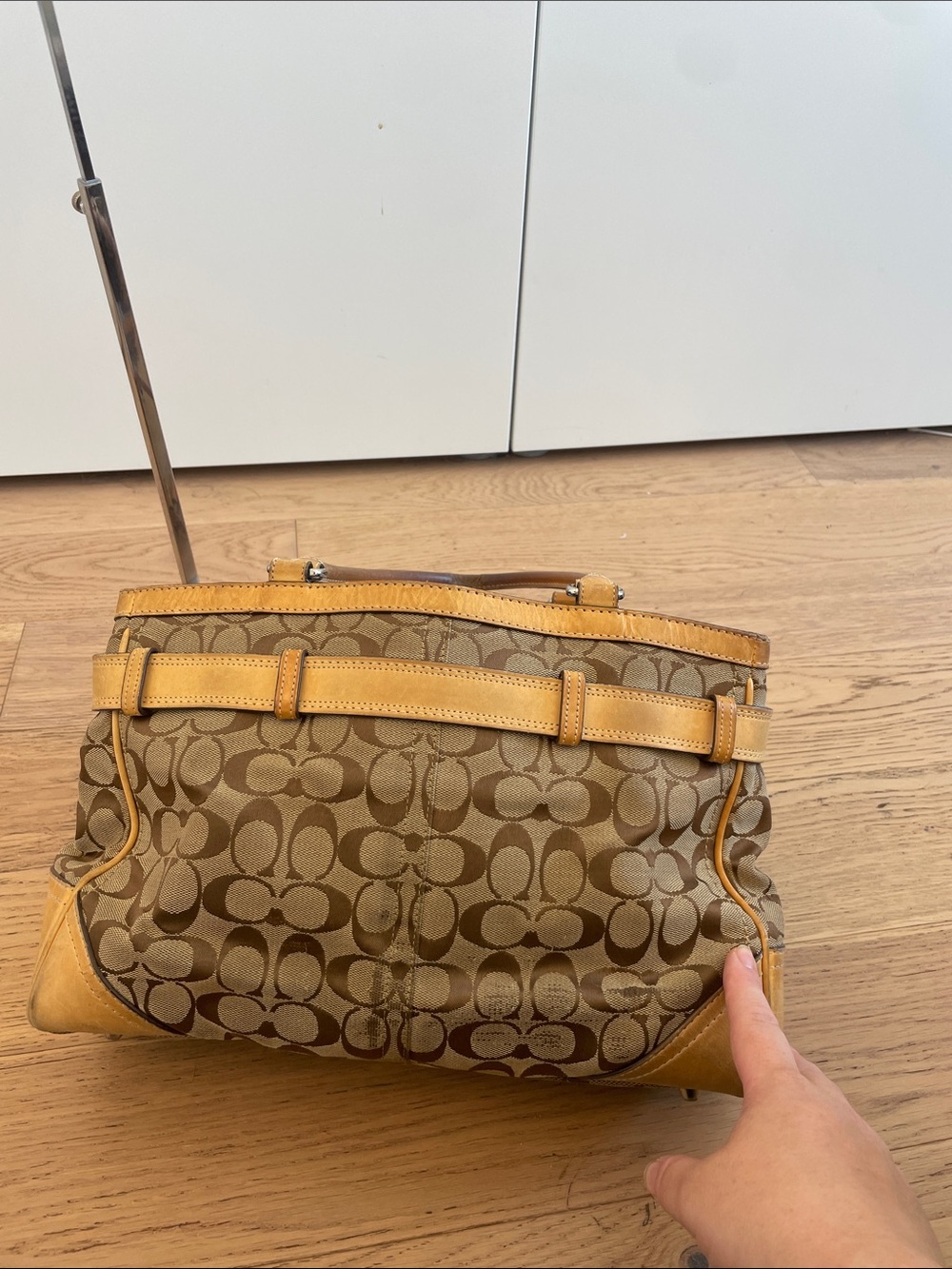 Coach Signature Jacquard Leather Trim Satchel Shoulder Bag Brown Tan - Picture 5 of 9